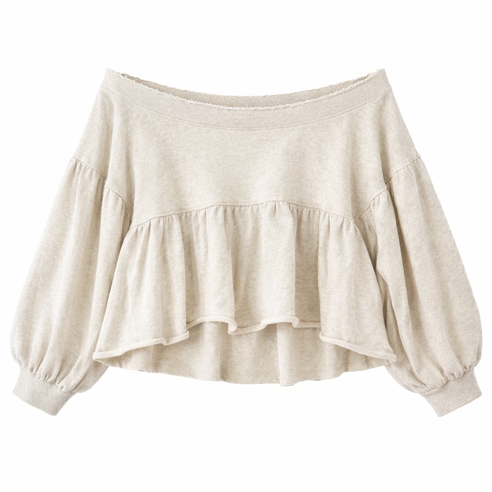 Free People Cream Off-Shoulder Ruffle Sweatshirt